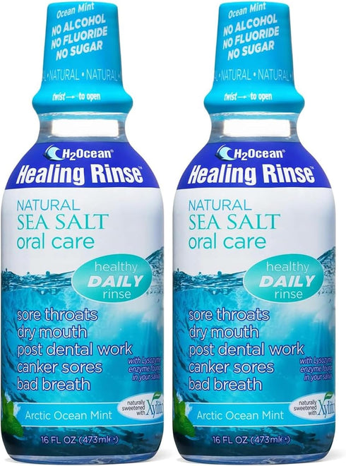 2 Pack H2Ocean Healing Rinse Mouthwash, Sea Salt & Xylitol for Fresh Breath, Alcohol & Fluoride Free, 16oz