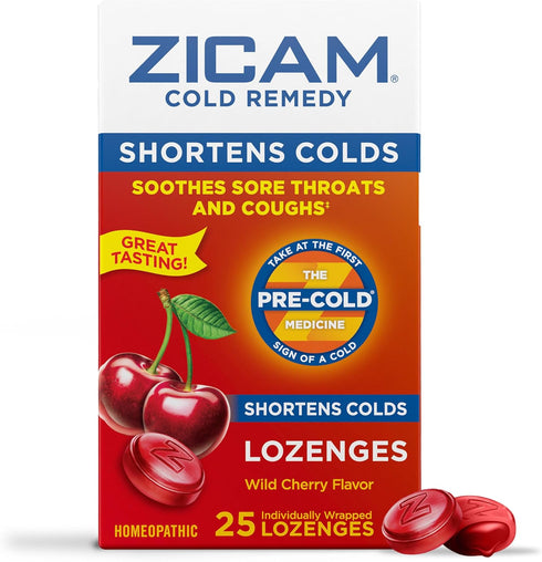 Zicam Cold Remedy Zinc Lozenges, Wild Cherry Flavor, Homeopathic, Soothes Sore Throat and Coughs, 25 Count