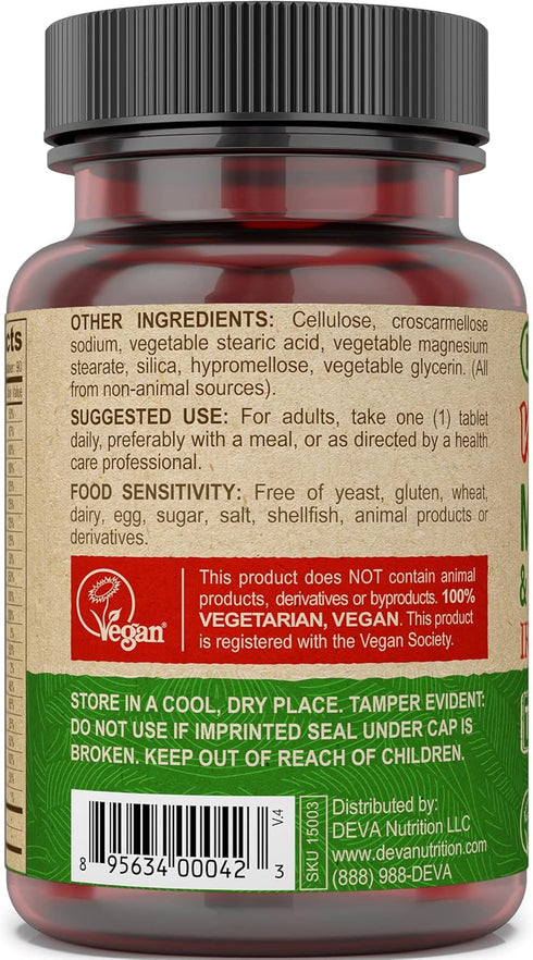 DEVA Vegan Iron-Free Multivitamin & Mineral Supplement, 90 Tiny Tablets with Vitamin C, D2, E & B-Complex