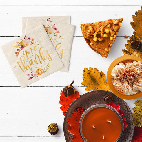 xo, Fetti 50 Count Thanksgiving Gold Foil Napkins, 5 x 5 Inches, 3ply, Autumn Leaves, Pumpkins, Fall Table Decorations