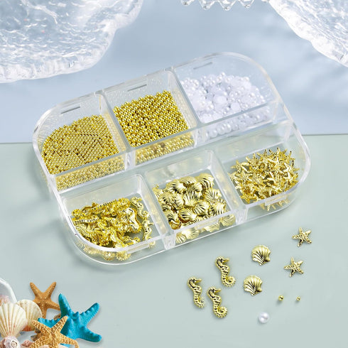 Summer Nail Charms, 3D Beach Seashell Starfish Gold Gems for Ocean Theme Manicure Decoration Supplies