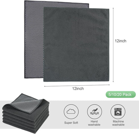 SINLAND Microfiber Dish Cloths, Wash Clothes for Kitchen, Best Cleaning Cloths, Poly Scour Side, 12"x12" (5 Pack, Dark