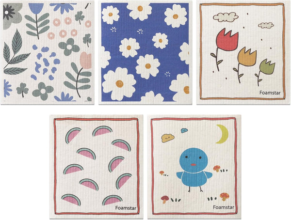 uxcell 5 Pack Reusable Cleaning Cloths, Swedish Kitchen Dish Towels, No Odor Wildflowers, Lightweight Super Absorbent
