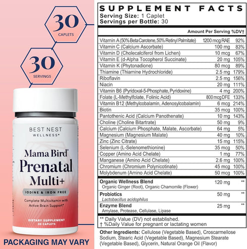 Best Nest Wellness Mama Bird Prenatal Vitamin - Iron Free, 30 Count, Methylfolate for Pregnant Women, Vegan