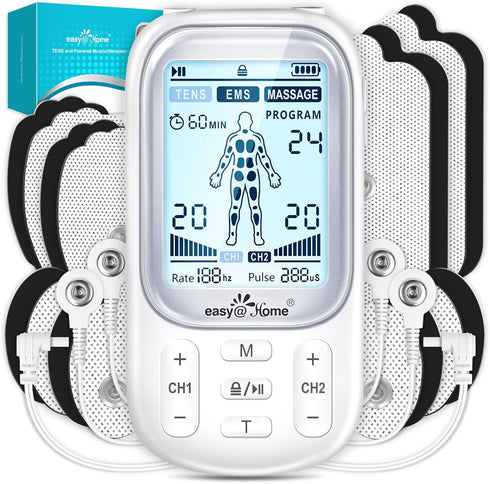 Easy@Home Electronic TENS Unit: Pain Relief Therapy - EMS Pulse Massager Rechargeable Machine - Dual Channel, 24 Modes,