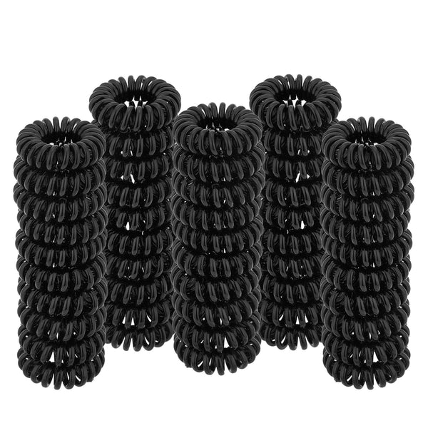 Spiral Hair Ties (Small Black, 50 Pcs Plastic) - Coil Ponytail Holders for Thick Hair, No Crease Phone Cord Ties for