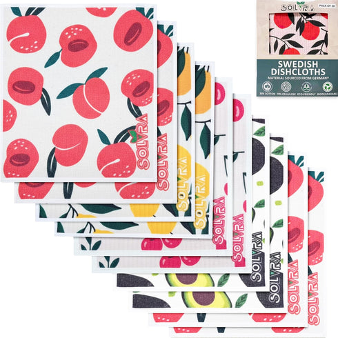Solvra 10 100% PCS Fruit Print Swedish Dishcloths for Kitchen Biodegradabl, Reusable Cellulose Sponge Cloth, Ultra
