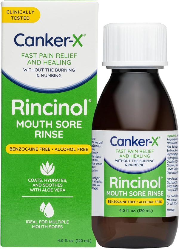 Canker-X Rincinol Oral Rinse Mouthwash - Quick Pain Relief from Canker Sores, Benzocaine & Alcohol Free, 4.0 Fl. Oz.
