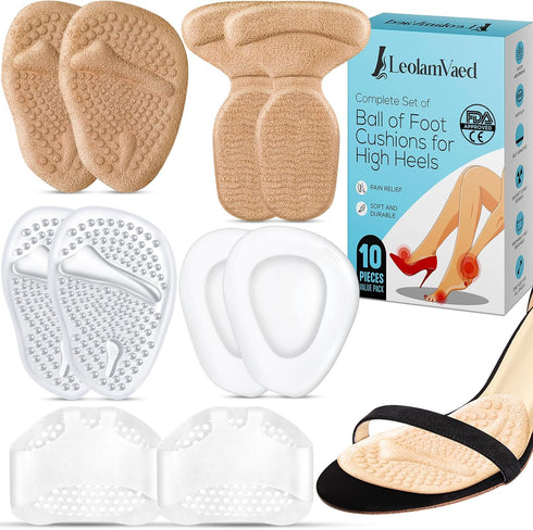 Reusable Metatarsal Pads for Women, 10 Pieces Ball of Foot Cushions, Washable High Heel Inserts