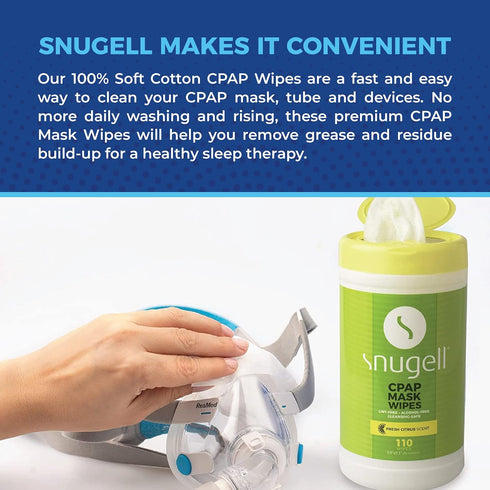 CPAP Mask Wipes by Snugell, 2-Canister, 110 Count, Citrus Scent, 100% Soft Cotton, Skin Safe with Aloe Vera