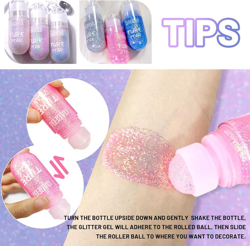 DAGEDA Body Glitter Gel, Roll-on Face Glitter for Mermaid Makeup, Holographic Hair Glitter Gel for Rave Party (Pink)