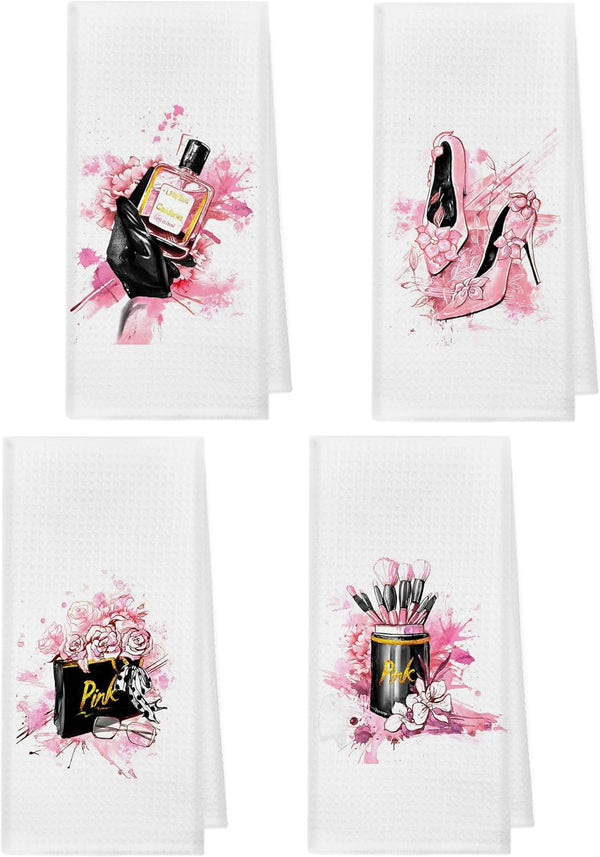 kunlisa Pink and Black Towels Bathroom Sets of 4,Modern Makeup Brush Perfume