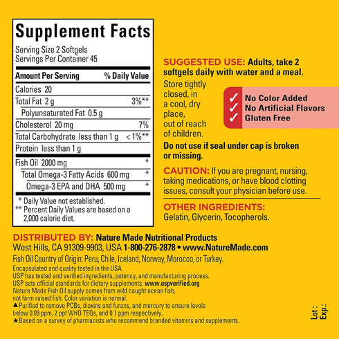 Nature Made Fish Oil 1000 mg Softgels | 90 Softgels | Omega 3 Supplement for Healthy Heart Support | 45 Day Supply
