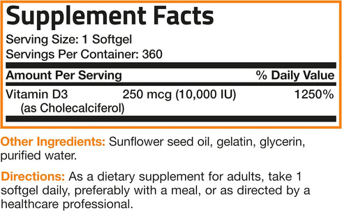 Bronson Vitamin D3 10,000 IU (250 mcg) High Potency - Supports Healthy Immune System, Strong Bones, 360 Softgels (1