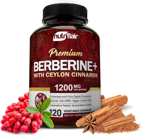 NutriFlair Premium Berberine HCL 1200mg - 120 Capsules with Pure True Ceylon Cinnamon for Immune System & Healthy
