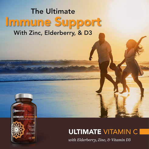 OmniBiotics Ultimate Vitamin C 2000 mg with Zinc, Elderberry, & Vitamin D3, 120 Vegan Tablets
