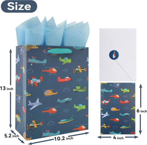 wishinside 13 Set 1 Large Helicopter Plane Gift Bag with Handles, Greeting Card, Tissue Papers and Stickers for Boys