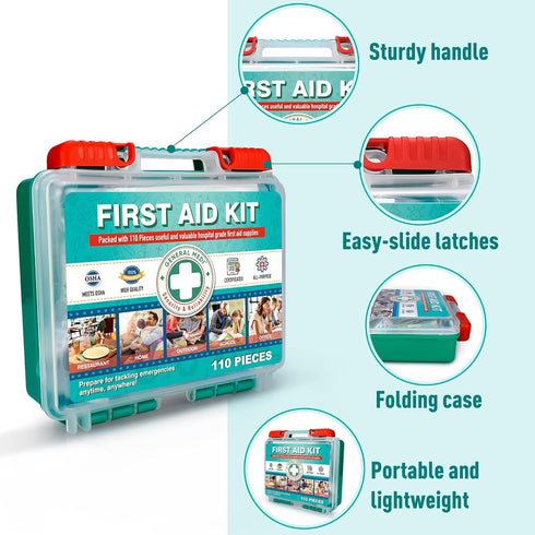 General Medi 110 Pieces Small First Aid Kit - Hard Case First Aid Box for Travel, Home, Office, Camping