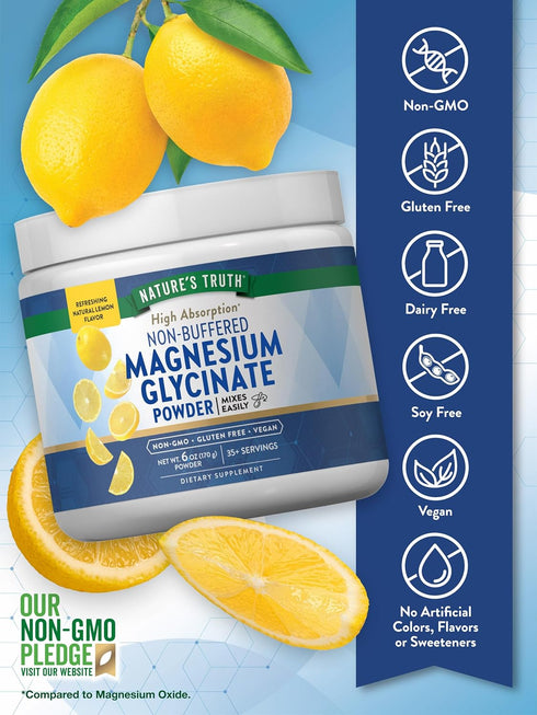 Magnesium Glycinate Powder 6 oz, Lemon Flavor, High Absorption, Vegan, Non-GMO, Gluten Free Supplement