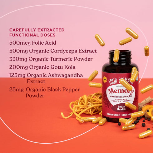 Four Sigmatic Memory Capsules, Nootropic Memory Supplement for Brain Support with Cordyceps Mushroom, Gotu Kola,