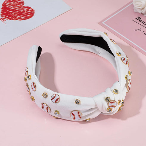 Sparkle Crystal Baseball Charm Embellished Wide Knotted Headband for Women - Game Day Hair Accessories (White)