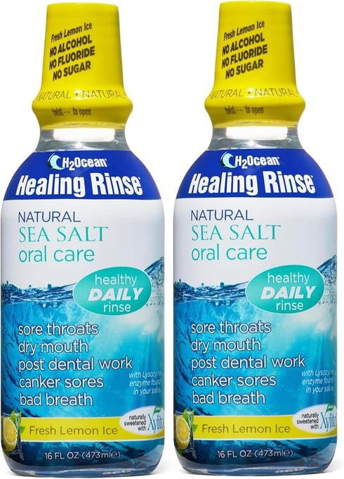 H2Ocean Healing Rinse Mouthwash 2 Pack - Lemon Ice 16oz - Alcohol & Fluoride Free - Great Tasting Sea Salt & Xylitol