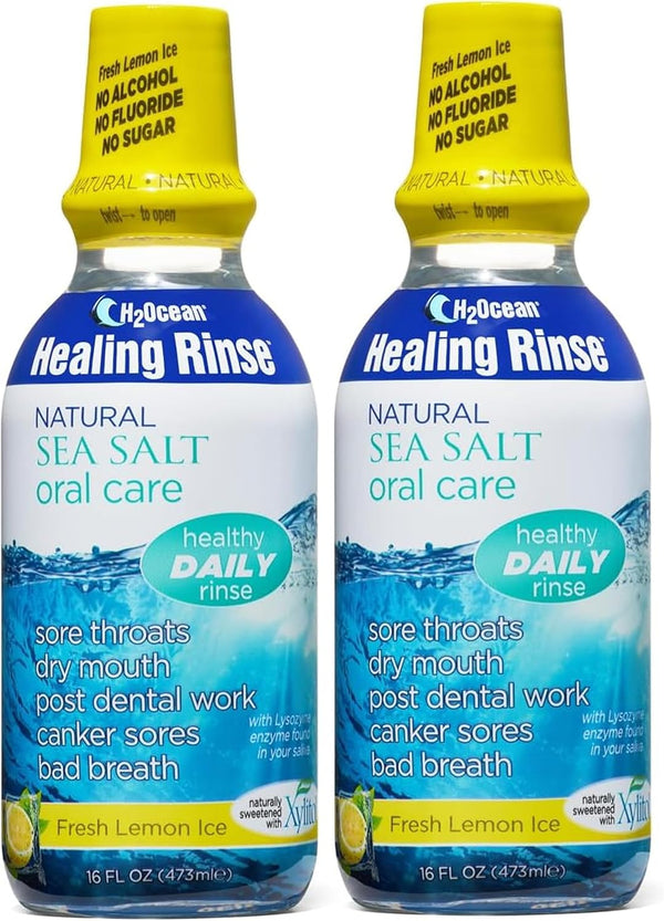 H2Ocean Healing Rinse Mouthwash 2 Pack - Lemon Ice 16oz - Alcohol & Fluoride Free - Great Tasting Sea Salt & Xylitol