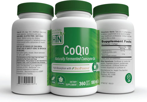 Health Thru Nutrition CoQ-10 100mg with BioPerine, 360 Softgels | Heart Health and Energy Support