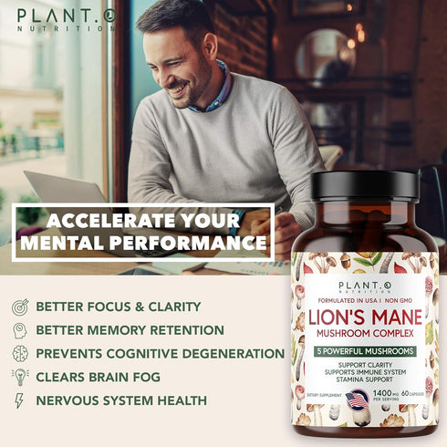 Plant.O Premium Lion's Mane Supplement, All Natural Nootropics Brain Supplement, 90 Caps
