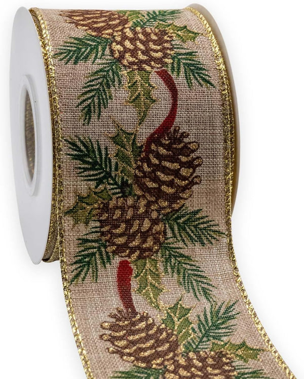Jute Swirl Wired Ribbon Pinecone Christmas Burlap, 2-1/2 Inch x 11 Yards for Gift Wrapping, Bow Making, Wreath, DIY