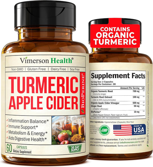 Organic Apple Cider Vinegar Capsules with Turmeric and Ginger for Joint Health, 60 Vegan ACV Supplements
