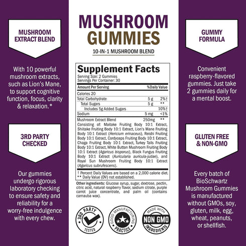 Mushroom Gummies for Adults - 10-in-1 Functional Supplement for Mood and Focus, Vegan Raspberry Flavor, 60 Count