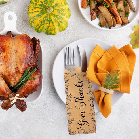 Whaline 100 Pack Fall Thanksgiving Silverware Bags, Rustic Kraft Paper Cutlery Holders for Autumn Party Supplies