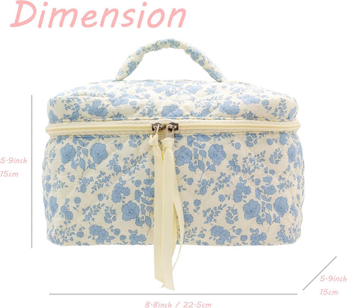 PAZIMIIK Cotton Makeup Bag for Women, Large Quilted Travel Cosmetic Case, Little Flower Blue