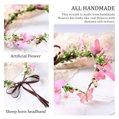 MOSTORY Pink Elf Flower Crown Handmade Fairy Headpiece Floral Tiara Woodland for Women Girls Spring Wedding