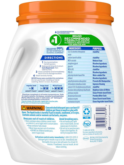 all Laundry Detergent Pacs, Mighty Pacs with OXI Stain Removers, Free Clear, Unscented, Dye Free, 56 Count