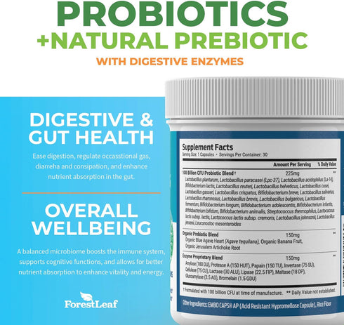 ForestLeaf Clinically Studied Probiotics - 100 Billion CFU, 26 Strains with Organic Prebiotic Blend, 30 Capsules