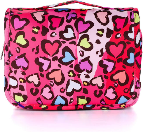 Kids Hanging Toiletry Bag for Girls, Waterproof Travel Cosmetic Makeup Wash Bag, Toddler Toiletries, Leopard Red