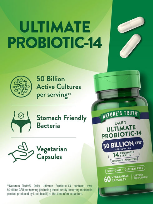 Nature's Truth Probiotic 50 Billion CFU | 200mg Prebiotics | 60 Capsules | Vegetarian, Non-GMO & Gluten-Free Supplement