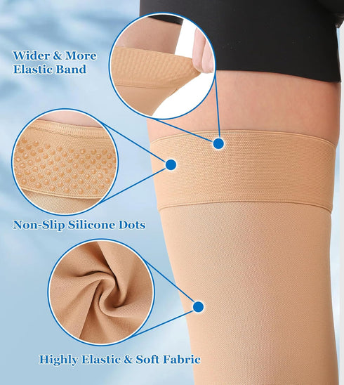 MGANG Medical 20-30 mmHg Compression Stockings, Pair, Thigh High Graduated Socks, Closed Toe, Opaque, Beige XXL