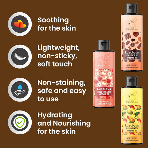 Set Pack 3 1.69 OZ x3 Dude's Love Luscious Flavored Massage Oil - of - Organic - Chocolate, Apple Cinnamon, Mango