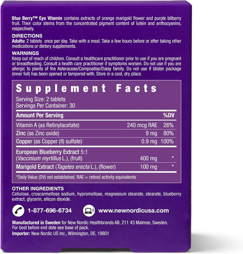 NEW NORDIC Blue Berry Eye Vitamin Supplement - Lutein with Zinc, Supports Eye & Vision Function, 60 Tablets