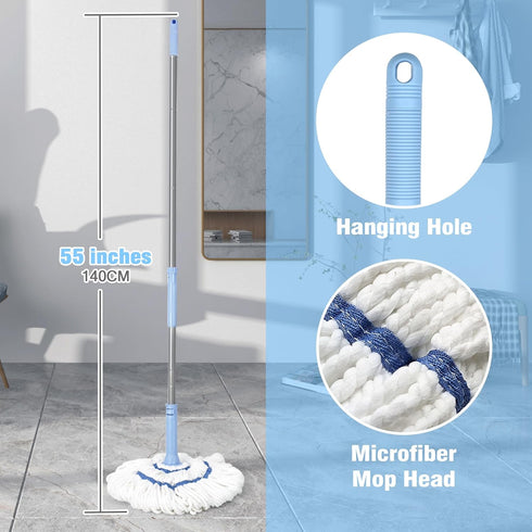 Self Wringing Twist Mop for Floor Cleaning, 18-inch Wide Microfiber Mop, 55 Inches Long Handle, Blue