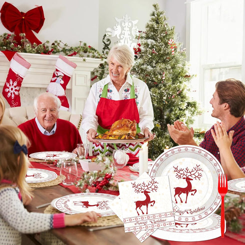 Xionpe 140-Pc Set 20 Christmas Disposable Tableware for Guests - Reindeer Themed Party Supplies with Dinner Plates