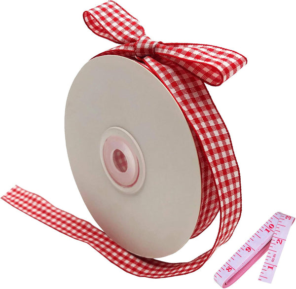 Red and White Gingham Ribbon, 5/8" x 25Yd Roll, Picnic Craft Red Buffalo Ribbon for Hair Accessories and Gift Wrapping