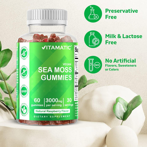 Vitamatic Irish Sea Moss Gummies - 3000 mg, 60 Vegan Gummies for Thyroid, Energy, Immune Support - Pack of 3