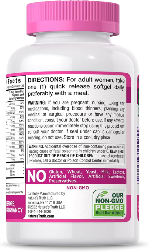 Nature's Truth Prenatal Vitamin for Women, 120 Softgels | Non-GMO & Gluten Free with DHA and Folic Acid