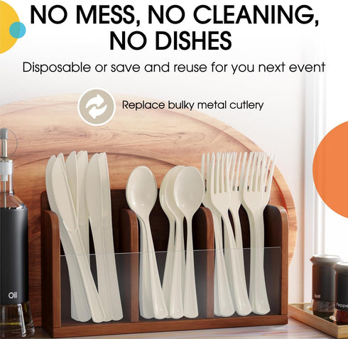 150 Pack Ivory Plastic Cutlery Set, Heavy Duty Disposable Utensil Sets, 50 Forks, 50 Spoons, 50 Knives for Party