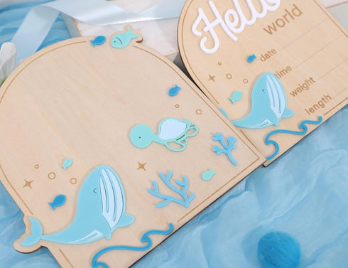 YOUAME Set Birth Announcement Wood Sign Board - Boy Under The Sea Newborn Footprint Milestone, Ocean Theme Hello World