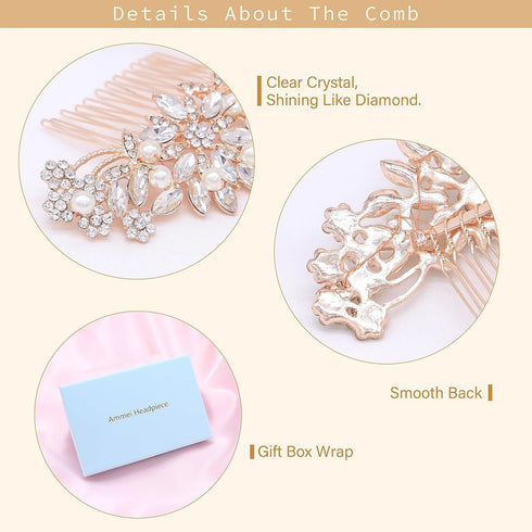 Rose Gold Wedding Hair Comb with Pearls and Crystals, Bridal Headpiece for Parties (Rose Gold)
